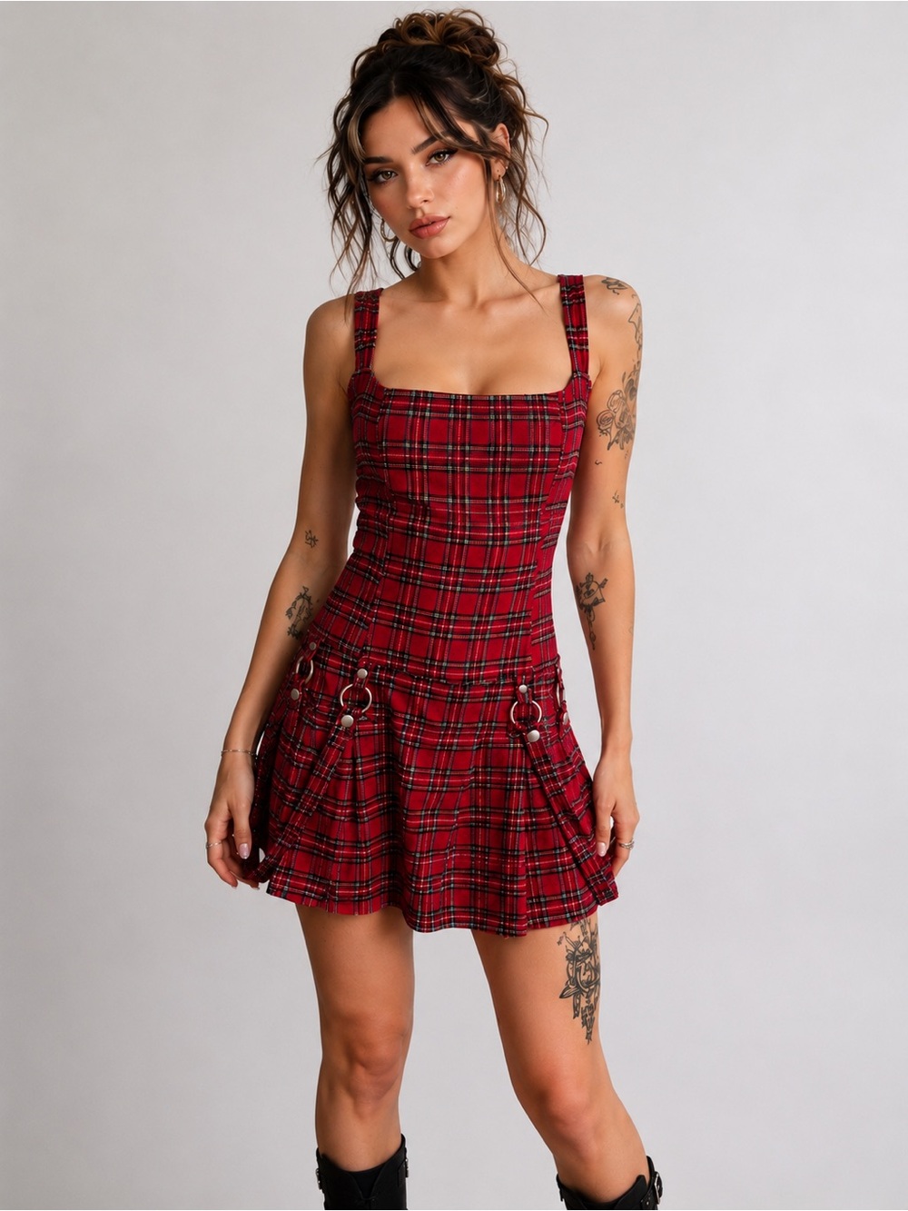 Vintage Lip Service Red Plaid Punk Grunge Mini Dress Suspender Strap Detail